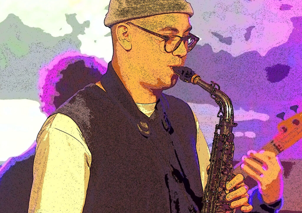 A colourful posterised image of a young man in a beanie playing saxophone.