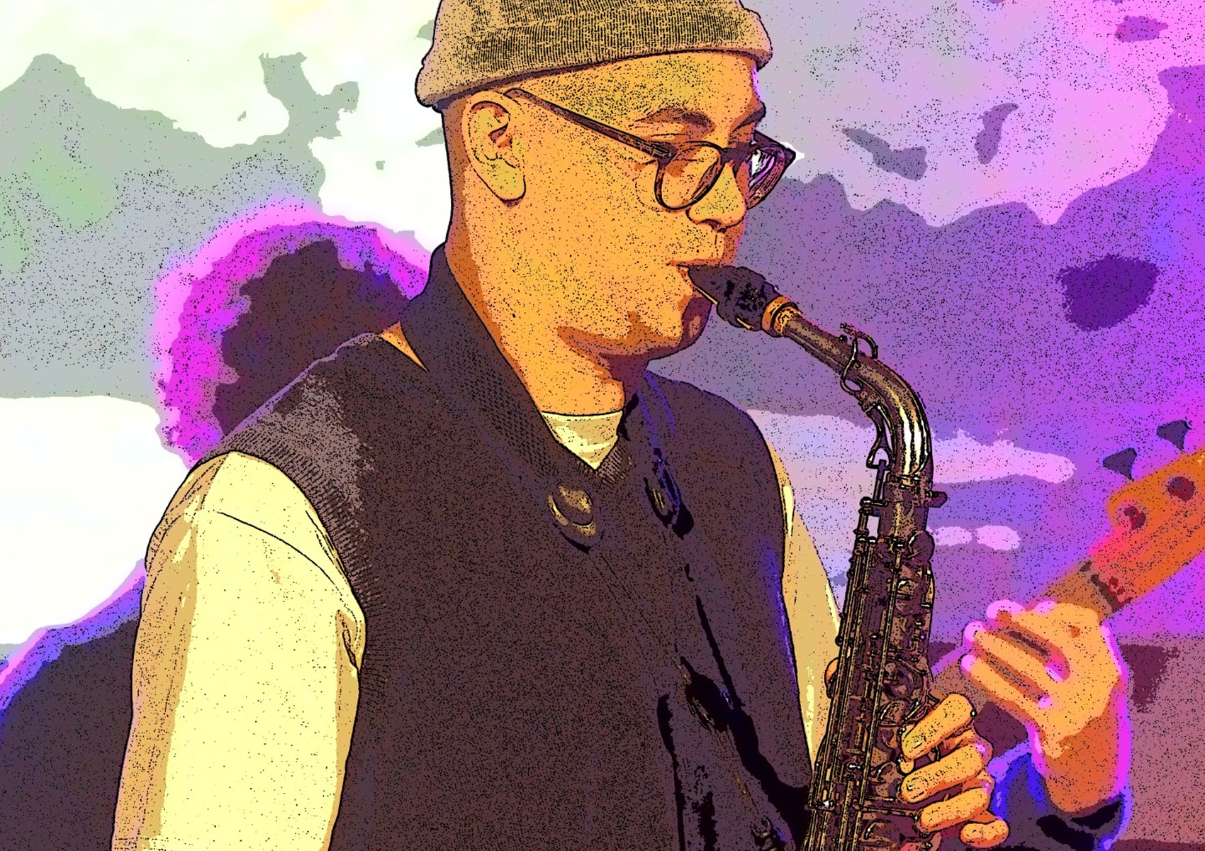 A colourful posterised image of a young man in a beanie playing saxophone.